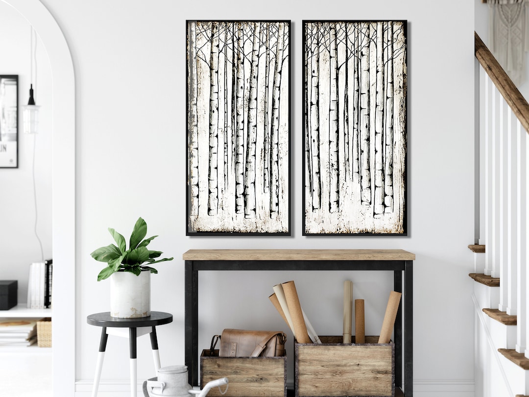 2 Piece White Birch Tree Wall Art, Black and White Birch Tree Art, Set