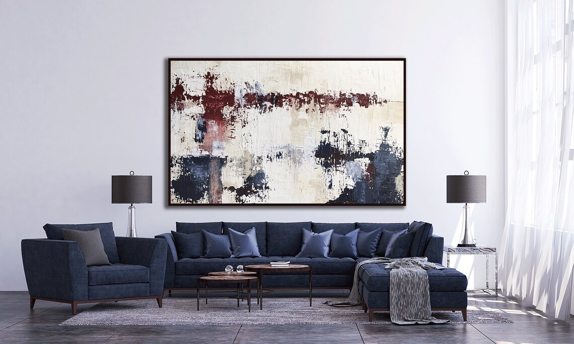 Large Original Maroon and Navy Blue Wall Art Red and Blue Etsy