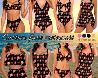 Custom Photo Women's Bikini, Personalized One-Piece Swimsuit, Funny Husband's Face Swimwear, Holiday Bathing Suit