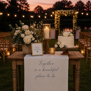 以下が含まれることがあります： Together is a beautiful place to beとプリントされた白いテーブルランナーが敷かれた木製のテーブル。フラワーアレンジメント、LOVE FOREVERと書かれた額縁、ガラスホルダーに入ったピラーキャンドル、木製スタンドに乗った白いケーキが飾られている。