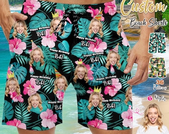 Custom Face Hawaiian Swim Trunks, Birthday Party Bathing Suit, Personalized Beach Shorts