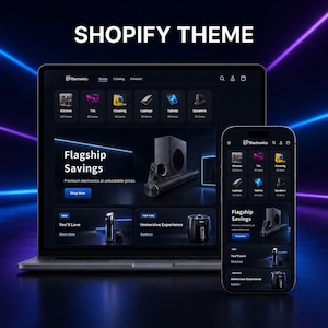 Puede incluir: Un ordenador portátil y un smartphone muestran el sitio web de una tienda de electrónica Shopify con un tema oscuro. La interfaz incluye menús de navegación, categorías de productos y banners con el texto Flagship Savings, You'll Love e Immersive Experience.
