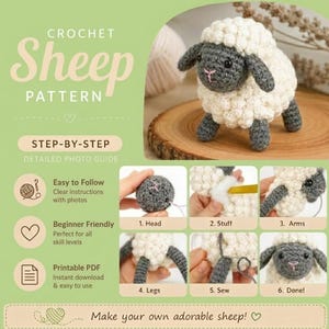 May include: A crochet sheep pattern document featuring a finished cream and dark gray stuffed sheep toy. The guide includes step-by-step instructions with six numbered photos showing the assembly process, including head, stuffing, arms, legs, and sewing.