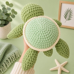 Handmade Crochet Turtle Plush: Soft Chenille Amigurumi Sea Turtle, Sage Green Shell, Nursery Decor