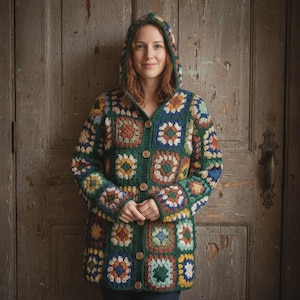 May include: A hooded, button-down cardigan in a patchwork design. The sweater features a variety of colorful squares in shades of green, blue, orange, and cream. The cardigan has a dark green trim and wooden buttons. The person is wearing the sweater in front of a wooden door.