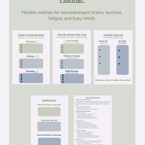 Könnte beinhalten: Ein Planer mit dem Titel "Gentle Energy Based Daily Planner" mit Abschnitten für tägliche Routinen, Energieniveaus und Aufgabenlisten. Der Planer ist für neurodivergente Gehirne, Burnout, Müdigkeit und geschäftige Köpfe konzipiert.
