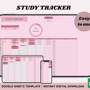 May include: A digital study tracker template displayed on a tablet, a laptop, and a phone. The pink and white spreadsheet shows study tasks, subjects, and progress. Text includes "Study Tracker", "Easy to use", and "Google Sheets Template".