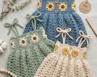 CROCHET PATTERN Baby Flower Dress, Sunflower Granny Square, Baby Sundress, 0-24 Months, PDF Download