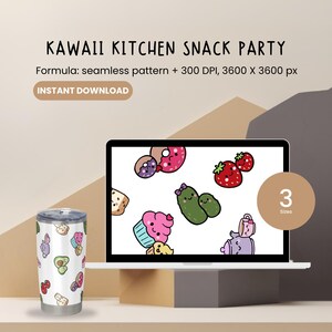 May include: A white tumbler with a repeating pattern of kawaii food illustrations, including donuts, strawberries, and cupcakes. The image also features a laptop displaying the same pattern, with text that reads "KAWAII KITCHEN SNACK PARTY".
