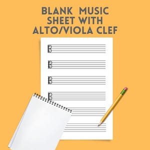May include: A white sheet of paper featuring black musical staves with alto viola clefs, accompanied by a yellow pencil and a spiral-bound notebook. The text BLANK MUSIC SHEET WITH ALTO/VIOLA CLEF is printed in dark gray at the top of the image.