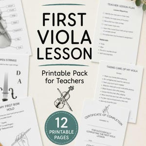 Puede incluir: Un paquete educativo imprimible para profesores de viola con 12 páginas y el texto FIRST VIOLA LESSON. Las páginas incluyen diagramas de una viola, planes de lecciones, listas de verificación para el cuidado del instrumento, instrucciones y un certificado.