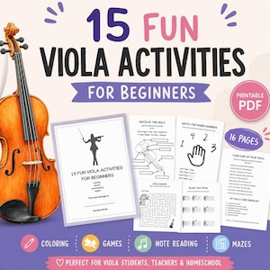 May include: A printable PDF activity book titled 15 Fun Viola Activities for Beginners, featuring pages for colouring, games, note reading, and mazes, displayed alongside a wooden viola with a black chin rest and strings, plus a 16-page count label.