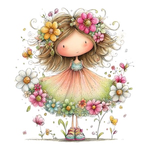 Op de afbeelding: Een grillige illustratie van een meisje omringd door bloemen en vlinders. Ze draagt een jurk met een roze en groene rok, een blauwe top en een bloemenkroon. Het kunstwerk heeft een zacht kleurenpalet en een charmante, cartoonachtige stijl.