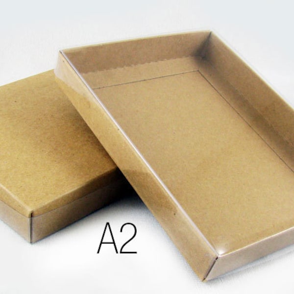 Clear Lid Boxes with Natural Kraft Base, A2 or 5.5 Bar Size (5 7/8 x 4 1/2 x 3/4") for Photos, Greeting Cards, Invitations, etc
