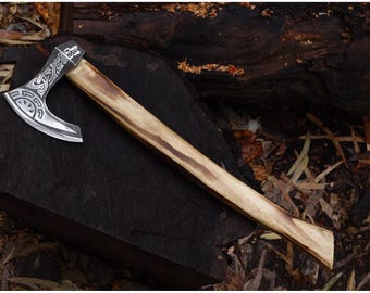 Custom Hand Forged Viking Style Axe, Carbon Steel Head with Ash Wood Handle, Rustic Outdoor Tool with Leather Cover, Unique Gift for Father