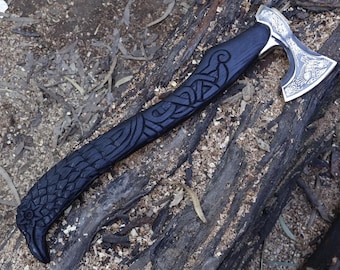 Custom Hand Forged Viking Style Axe, Handmade Carbon Steel Axe with Leather Cover, Engraved Ash Wood Handle, Rustic Decor Gift for Him