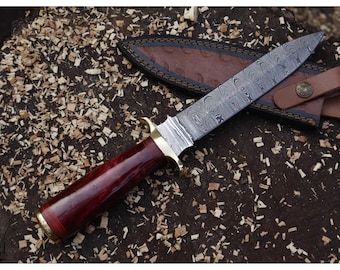 Cuchillo de acero de Damasco forjado a mano de 30 cm con funda de cuero / Mango de resina y madera hecho a mano / Regalo práctico para exteriores para él / Artículo de colección