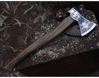 Hand-Forged Carbon Steel Viking Axe, Ash Wood Handle, Leather Sheath