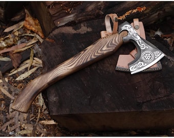 Custom Hand Forged Carbon Steel Viking Style Axe with Leather Sheath, Handmade Ash Wood Handle Hatchet, Rustic Gift for Father