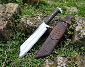 Hand Forged 15 Inch Machete Style Blade | 5160 Carbon Steel | Full Tang Rosewood Handle | Handmade Outdoor Tool with Leather Sheath