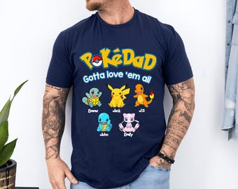 Chemise PokeDad personnalisée, t-shirt papa gamer anime personnalisé avec noms d'enfants, cadeau fête des pères d'un enfant, t-shirt papa, chemise Pokadad, cadeau pour papa