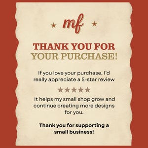 Op de afbeelding: Een bedankkaart met een ontwerp met gescheurde randen. De kaart heeft een cr&egrave;mekleurige achtergrond met de tekst "THANK YOU FOR YOUR PURCHASE!" in een mix van rode en gouden lettertypen. De kaart bevat ook een verzoek om een 5-sterren beoordeling.