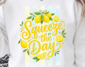 Squeeze the Day png-sublimatieontwerp, citroenbotanisch zomershirt grafisch, gestreepte citroen DTF-print, digitale download, png