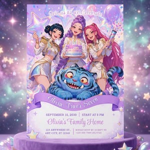 Cute kawaii tiger mascot and anime singer princess digital download for girls birthday party invitations.