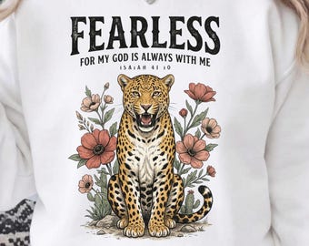 Vintage Leopard Fearless PNG, sublimatie van christelijke bijbelvers, retro religieus shirtontwerp, op geloof gebaseerde grafische digitale download