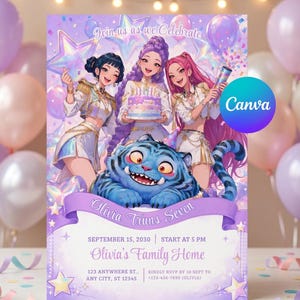 Editable pastel K-pop anime pop star birthday invitation featuring a cute blue tiger mascot and holographic stars.