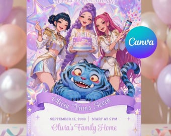 Pastelkleurige Kpop verjaardagskaart uitnodiging - Bewerkbare anime popster idool feestuitnodiging - Leuke Blue Tiger meidengroep Canva digitale download