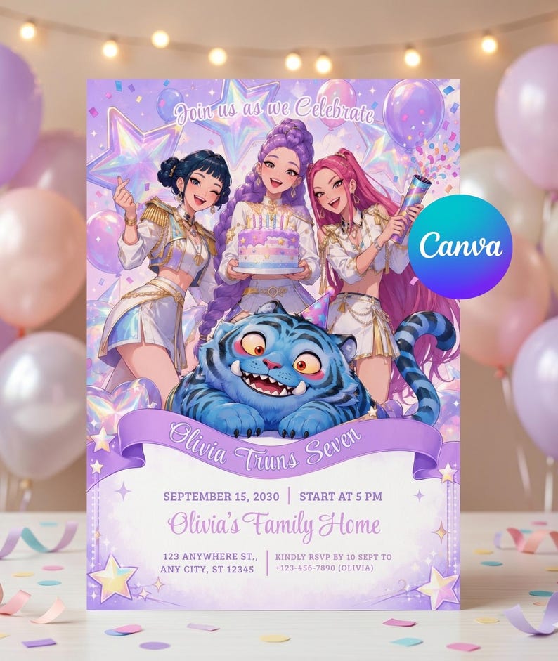 Editable pastel K-pop anime pop star birthday invitation featuring a cute blue tiger mascot and holographic stars.
