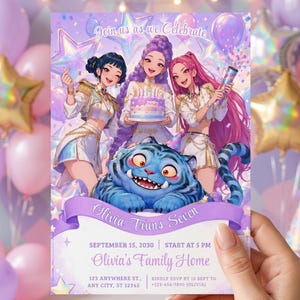 Customizable purple sparkle girl group birthday invite template with cake, balloons, and pastel anime characters.