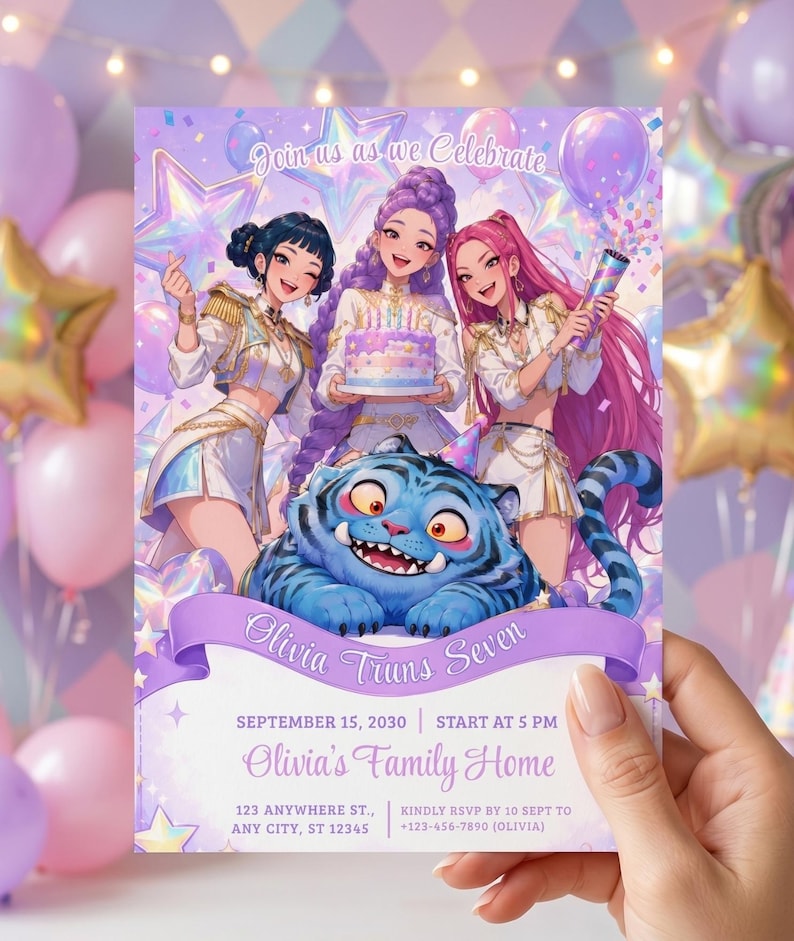 Customizable purple sparkle girl group birthday invite template with cake, balloons, and pastel anime characters.