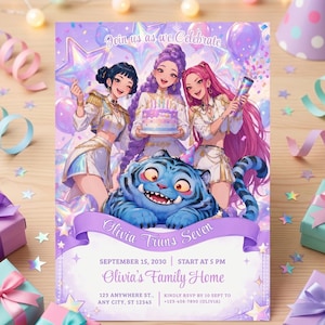 5x7 inch Canva birthday template showing three pop star idols and party text details on a light lavender background.