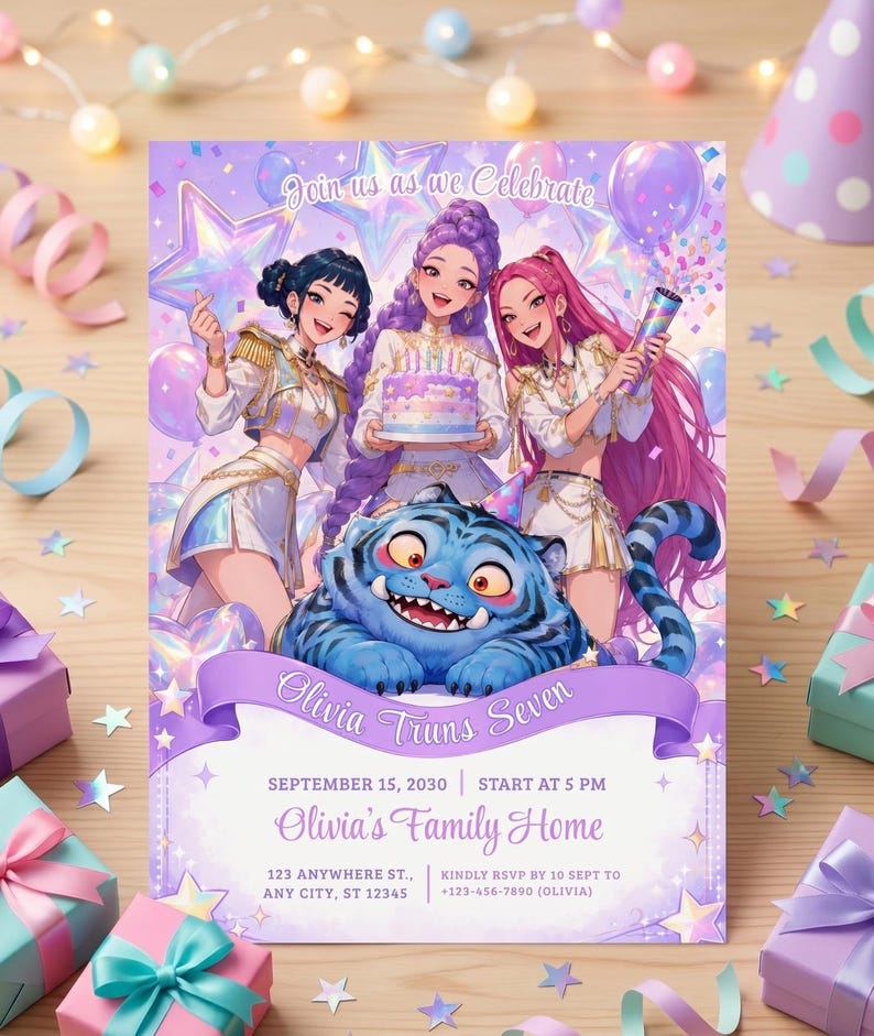 5x7 inch Canva birthday template showing three pop star idols and party text details on a light lavender background.