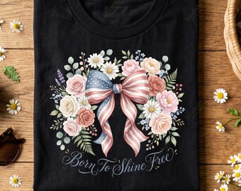 Born To Shine gratis PNG, patriottische bloemenkrans sublimatie ontwerp, Cottagecore 4 juli Bow SVG, vintage Americana shirt afbeelding