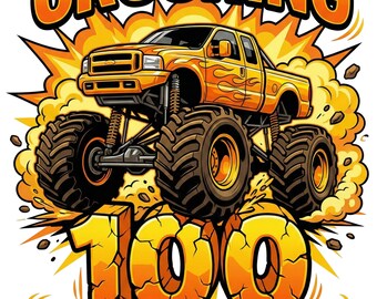 Monstertruck 100 dagen school, png PNGEgg | Verpletterend shirtontwerp voor 100 dagen | Sublimatie 100e schooldag jongens | Orange Flame Truck Cut-bestand