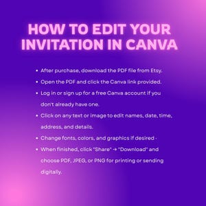 Op de afbeelding: Een paarse afbeelding met de tekst HOW TO EDIT YOUR INVITATION IN CANVA, gevolgd door een lijst met zes stappen voor het downloaden van een PDF van Etsy, het openen van een Canva-link, het bewerken van tekst en het downloaden van bestanden.