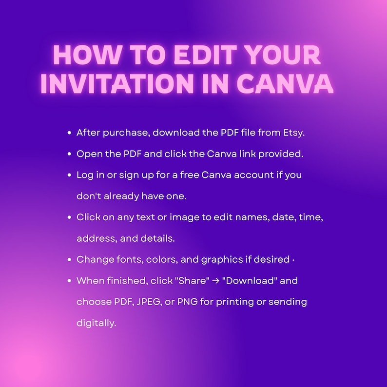 Op de afbeelding: Een paarse afbeelding met de tekst HOW TO EDIT YOUR INVITATION IN CANVA, gevolgd door een lijst met zes stappen voor het downloaden van een PDF van Etsy, het openen van een Canva-link, het bewerken van tekst en het downloaden van bestanden.