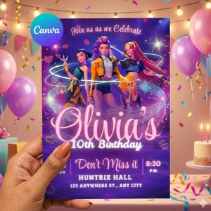 Editable digital K-pop pop star birthday invitation featuring anime idols on a dark glowing purple background.
