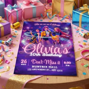 Glowing purple and pink girl group birthday invite template with cursive script typography and glowing heart accents.