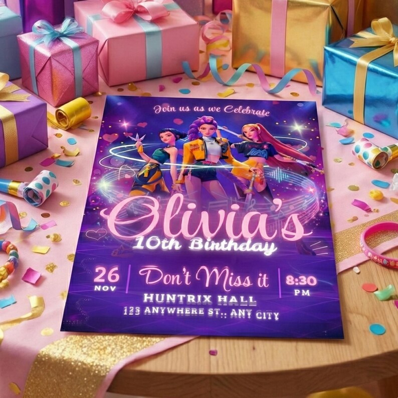 Glowing purple and pink girl group birthday invite template with cursive script typography and glowing heart accents.