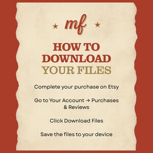 Op de afbeelding: Een beige afbeelding met de tekst "HOW TO DOWNLOAD YOUR FILES" in rood en goud. Instructies omvatten aankoop, accounttoegang, downloaden en bestanden opslaan. De achtergrond is roodbruin.