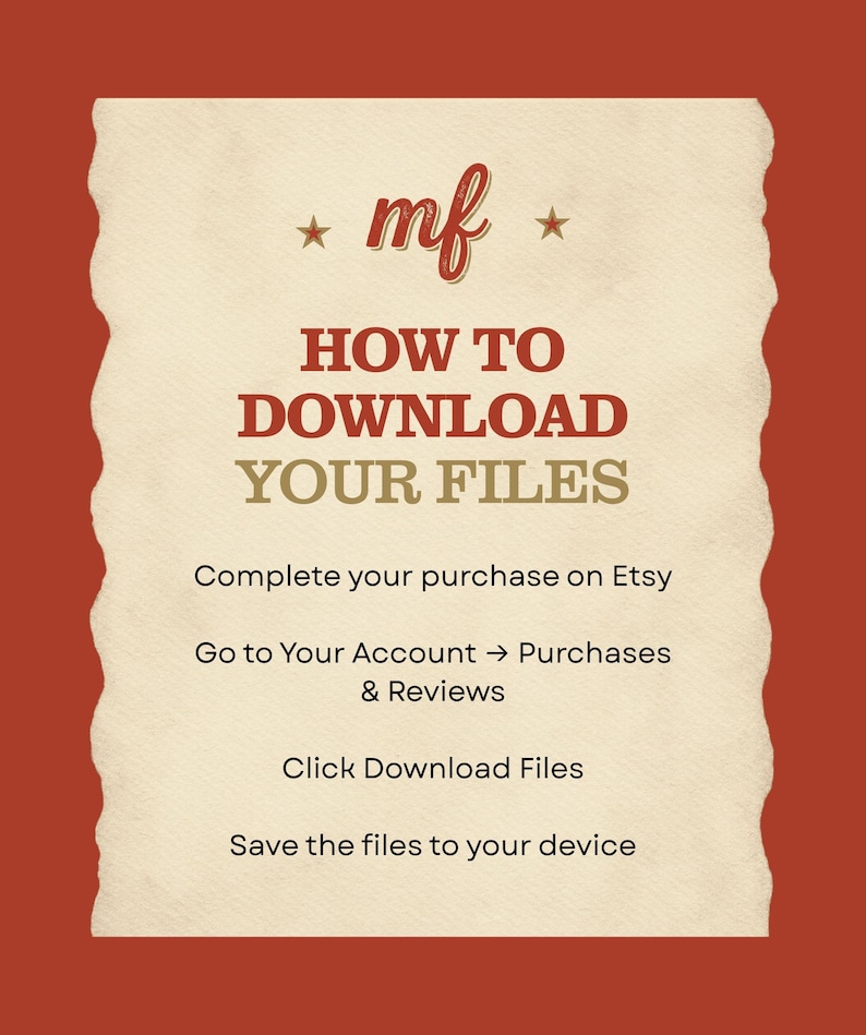 Op de afbeelding: Een beige afbeelding met de tekst "HOW TO DOWNLOAD YOUR FILES" in rood en goud. Instructies omvatten aankoop, accounttoegang, downloaden en bestanden opslaan. De achtergrond is roodbruin.