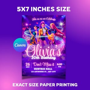 Op de afbeelding: Een 12,7 x 17,8 cm verjaardagsuitnodigingsflyer met drie geanimeerde personages in een paarse neon concertomgeving. De tekst bevat Join us as we Celebrate, Olivia's 10th Birthday, 26 NOV, 8:30 PM, Huntrix Hall, 123 ANYWHERE ST., ANY CITY.