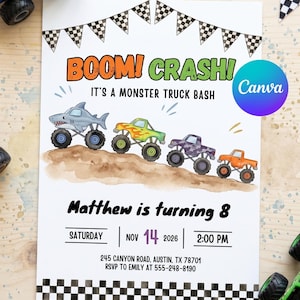 May include: A white rectangular party invitation featuring a black and white checkered flag border, the text BOOM! CRASH! IT'S A MONSTER TRUCK BASH, and four illustrated monster trucks on a dirt mound. Includes event details for Matthew turning 8.