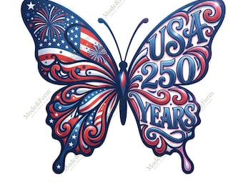 VS 250 jaar vlinder SVG PNG | Digitale download verjaardag patriottische Amerikaanse vlag voor 4 juli, VS viering, feestdecor,