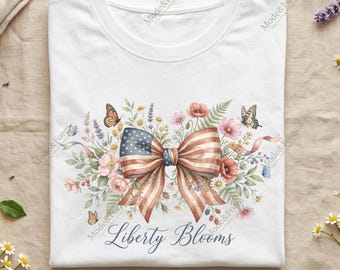 Liberty Blooms PNG, aquarel patriottische strik sublimatie ontwerp, Cottagecore Wildflower 4 juli shirt grafisch digitale download