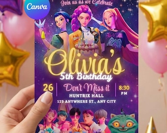 Kpop verjaardagskaart sjabloon - Donkere neon melkweg popster feestuitnodiging - Bewerkbare anime idool kinder verjaardag digitale download voor Canva